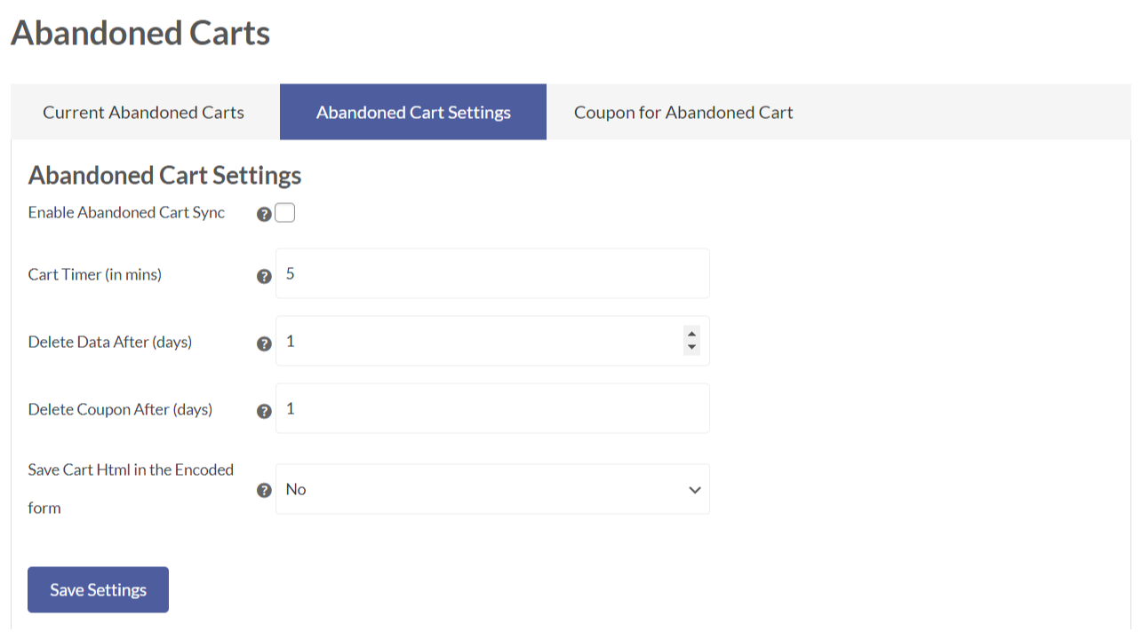 abandoned cart settings