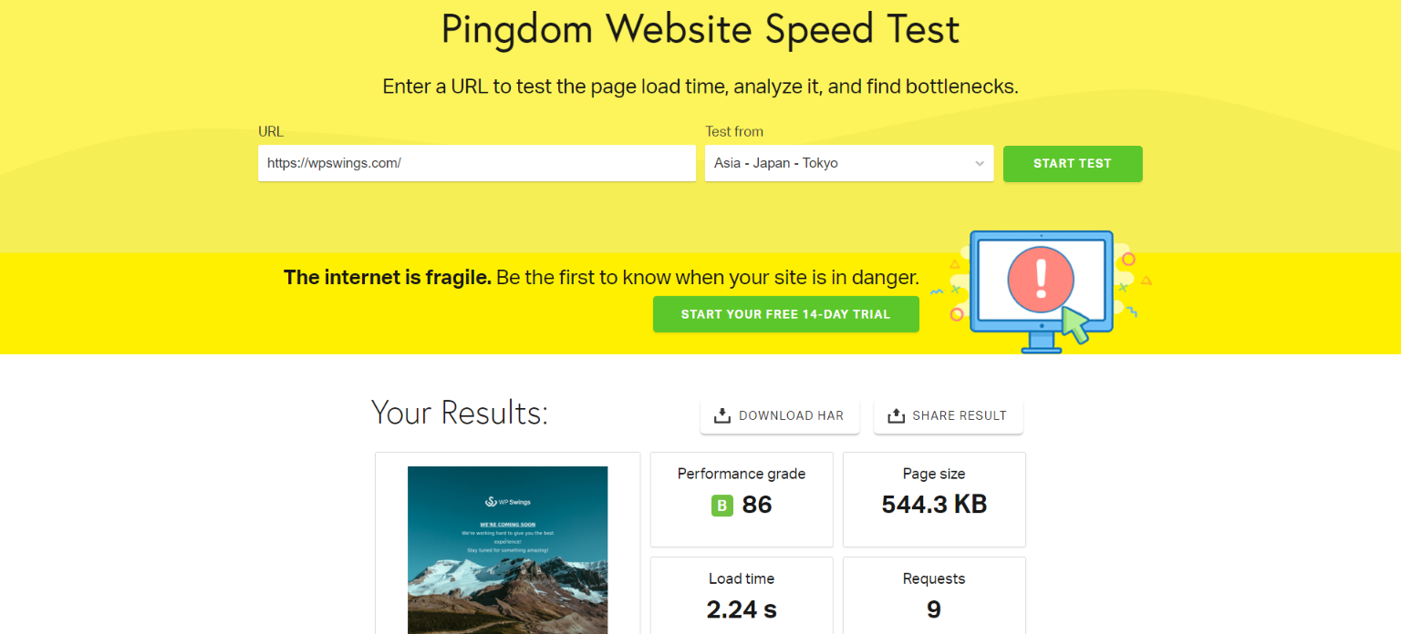 pingdom speed results