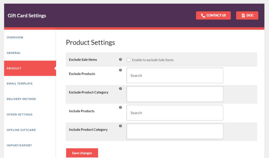 gift card product settings