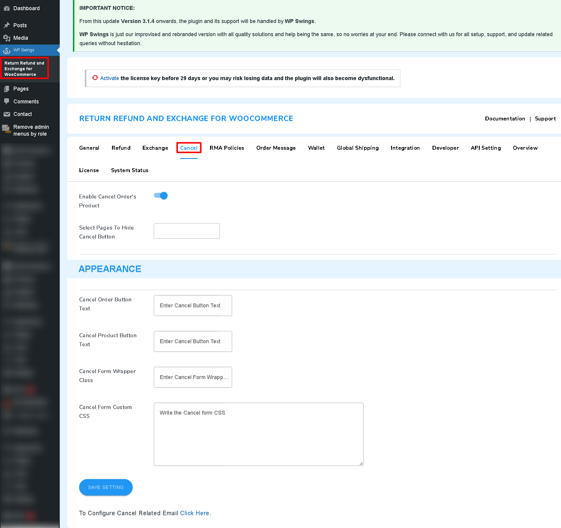 cancel setting rma