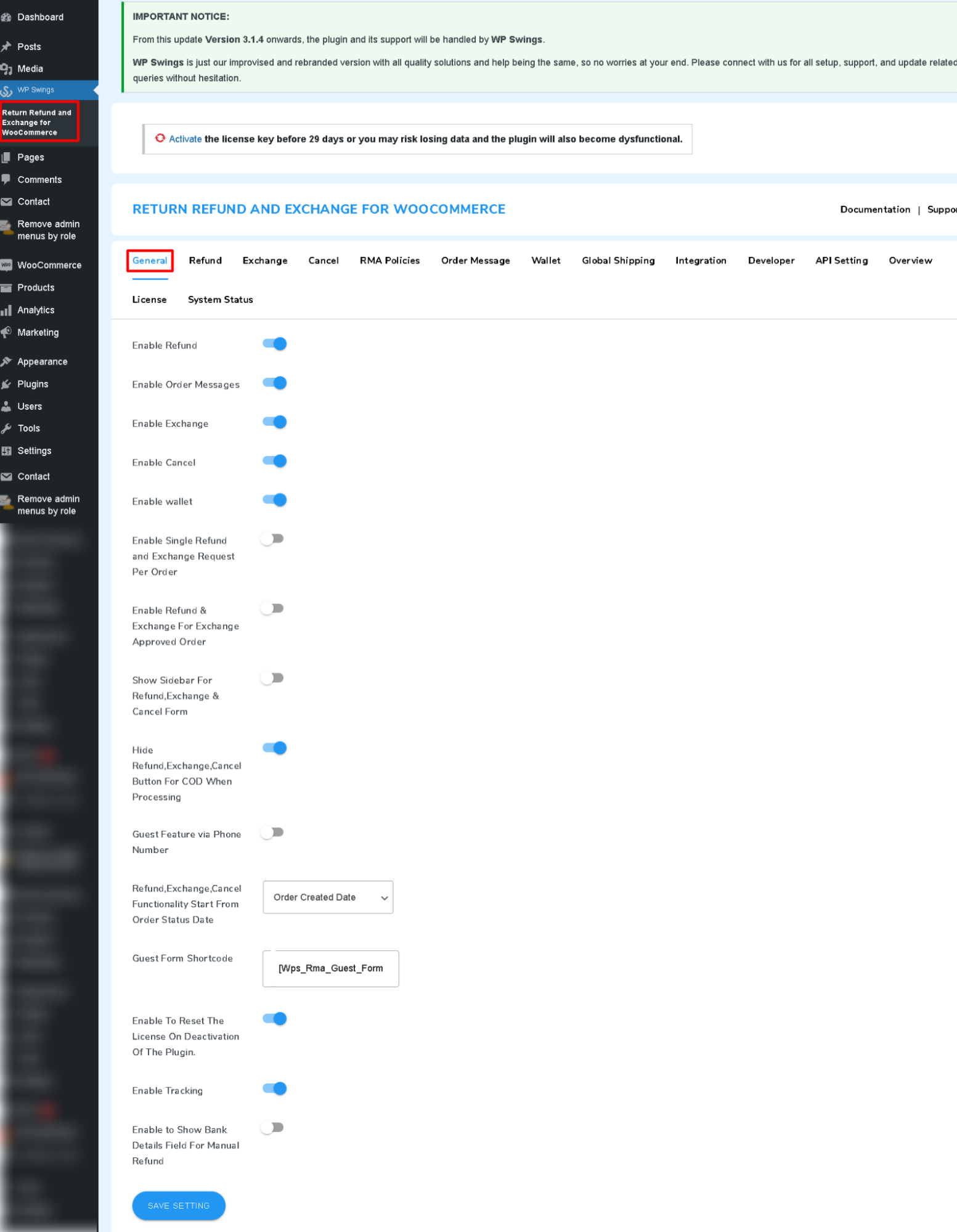 rma general settings pro