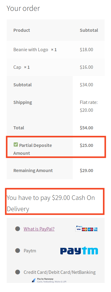 partial payment cash on delivery
