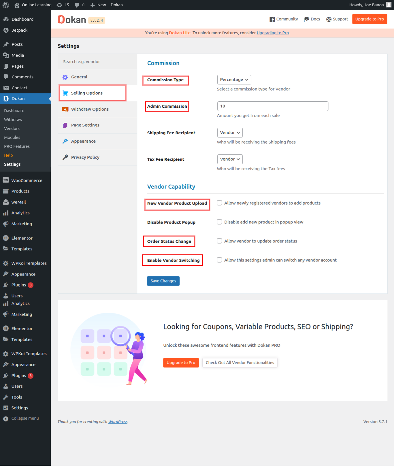 dokan selling options setting comission