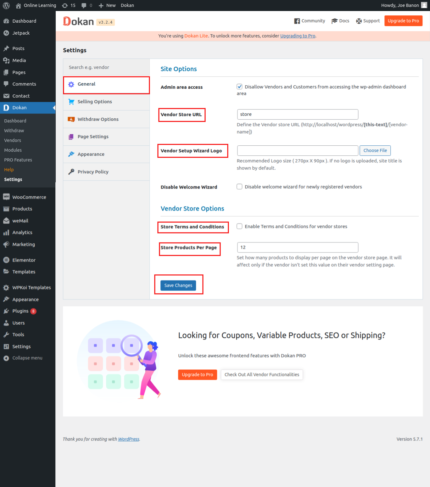 dokan site options setting