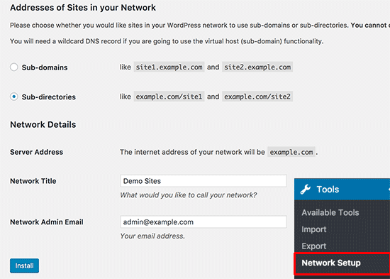 setup network menu item