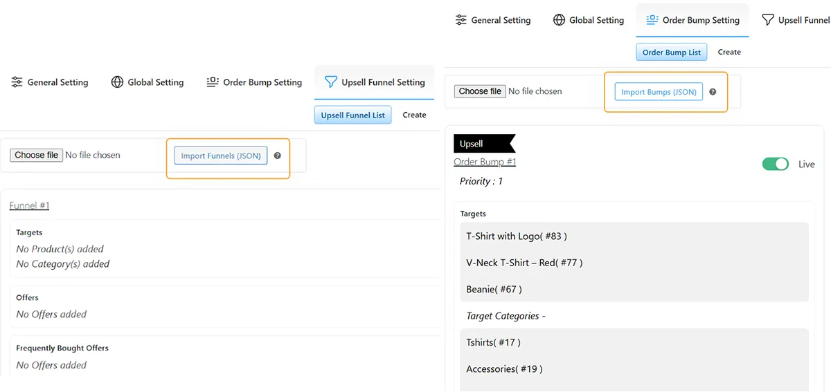 Import and Export of Order Bump and Upsell Funnels