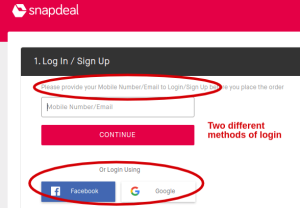 eCommerce Checkout Flow snapdeal login option example