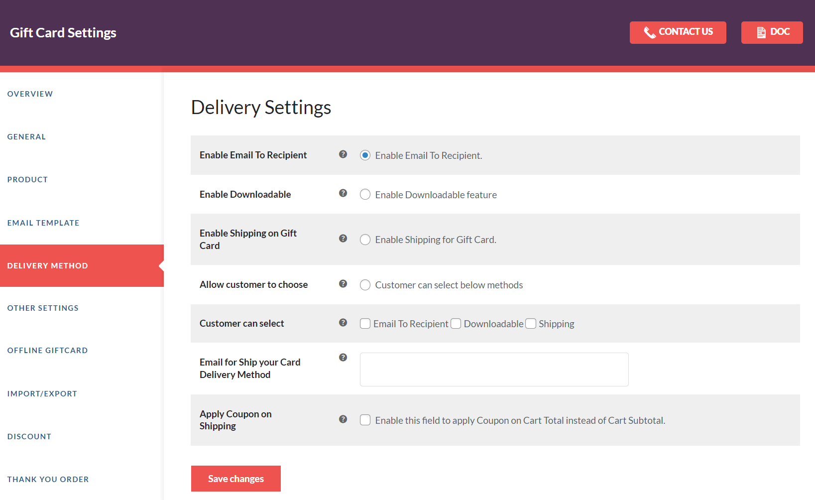 delivery settings