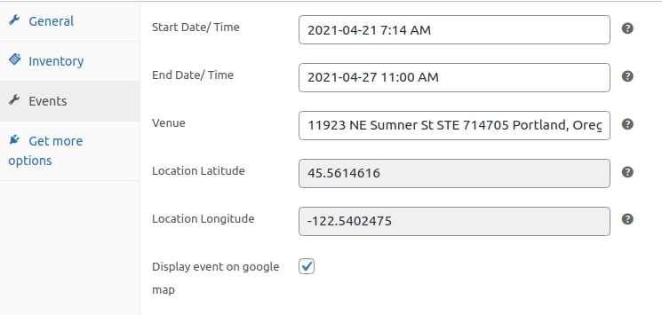 display woocommerce event tickets location