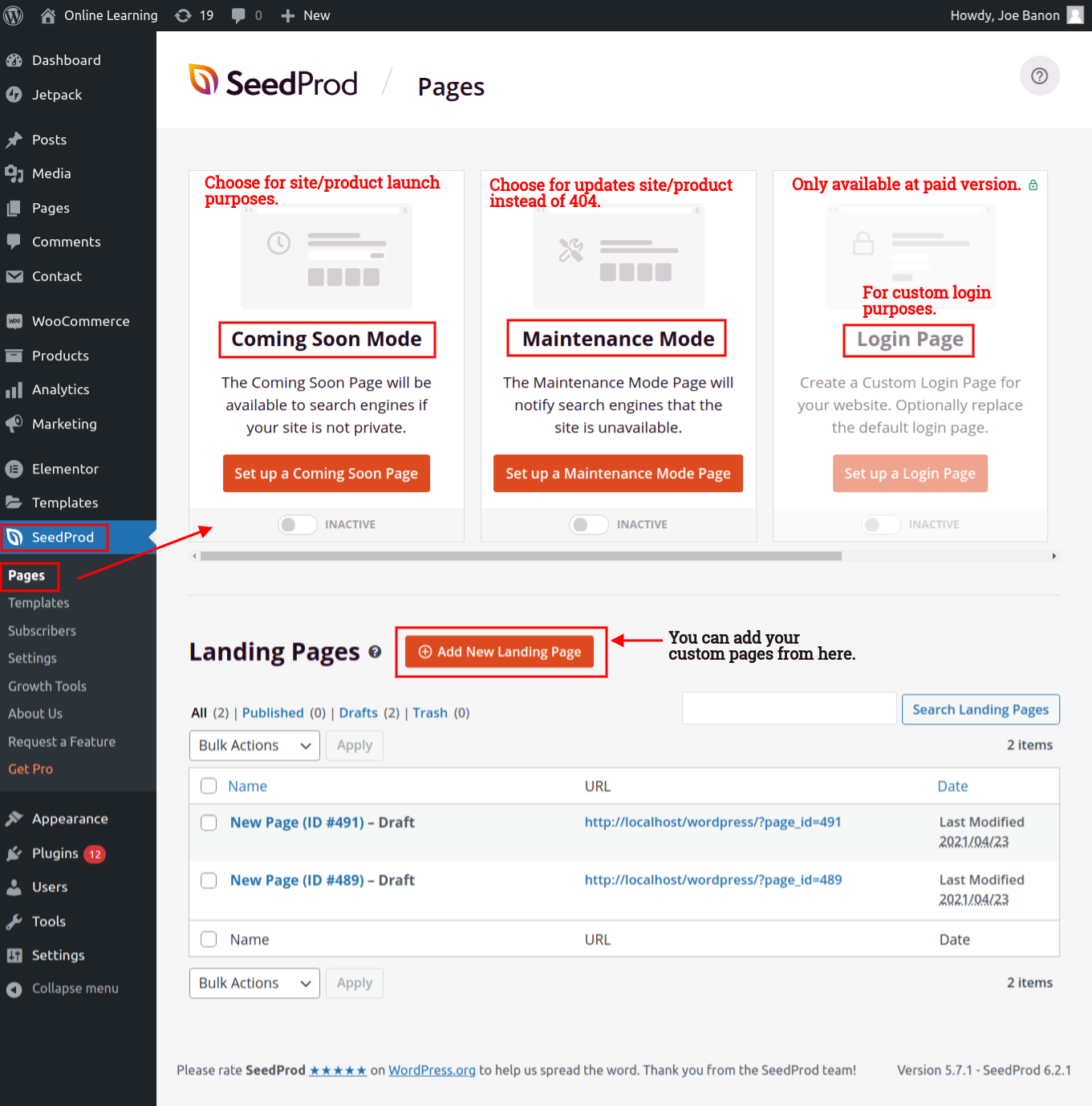 seedprod settings pages