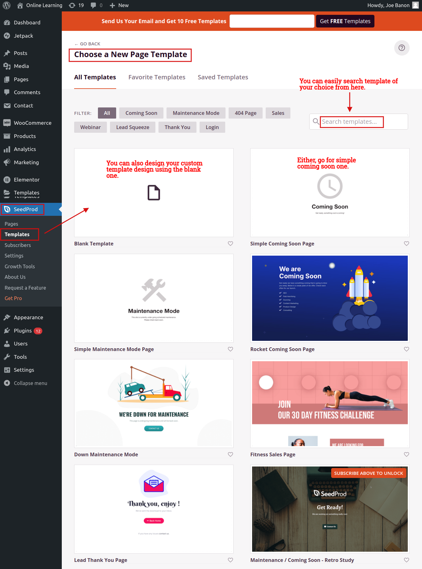 seedprod settings templates