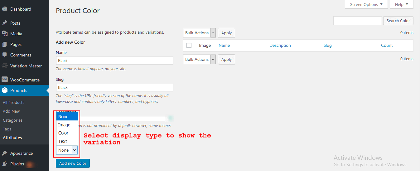 select attribute display type