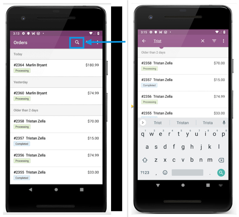 woocommerce app order search feature