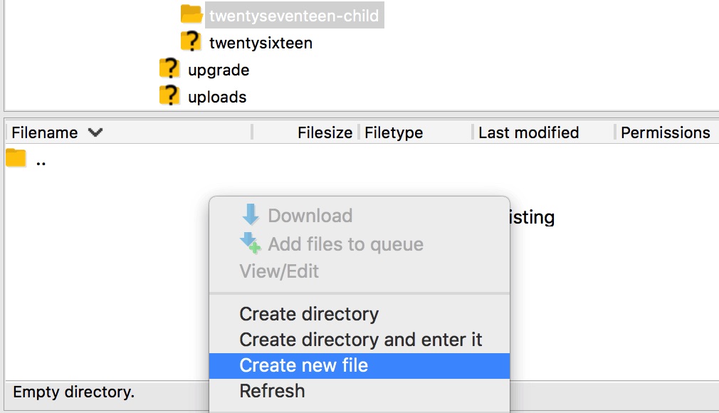 wp filezilla create new file