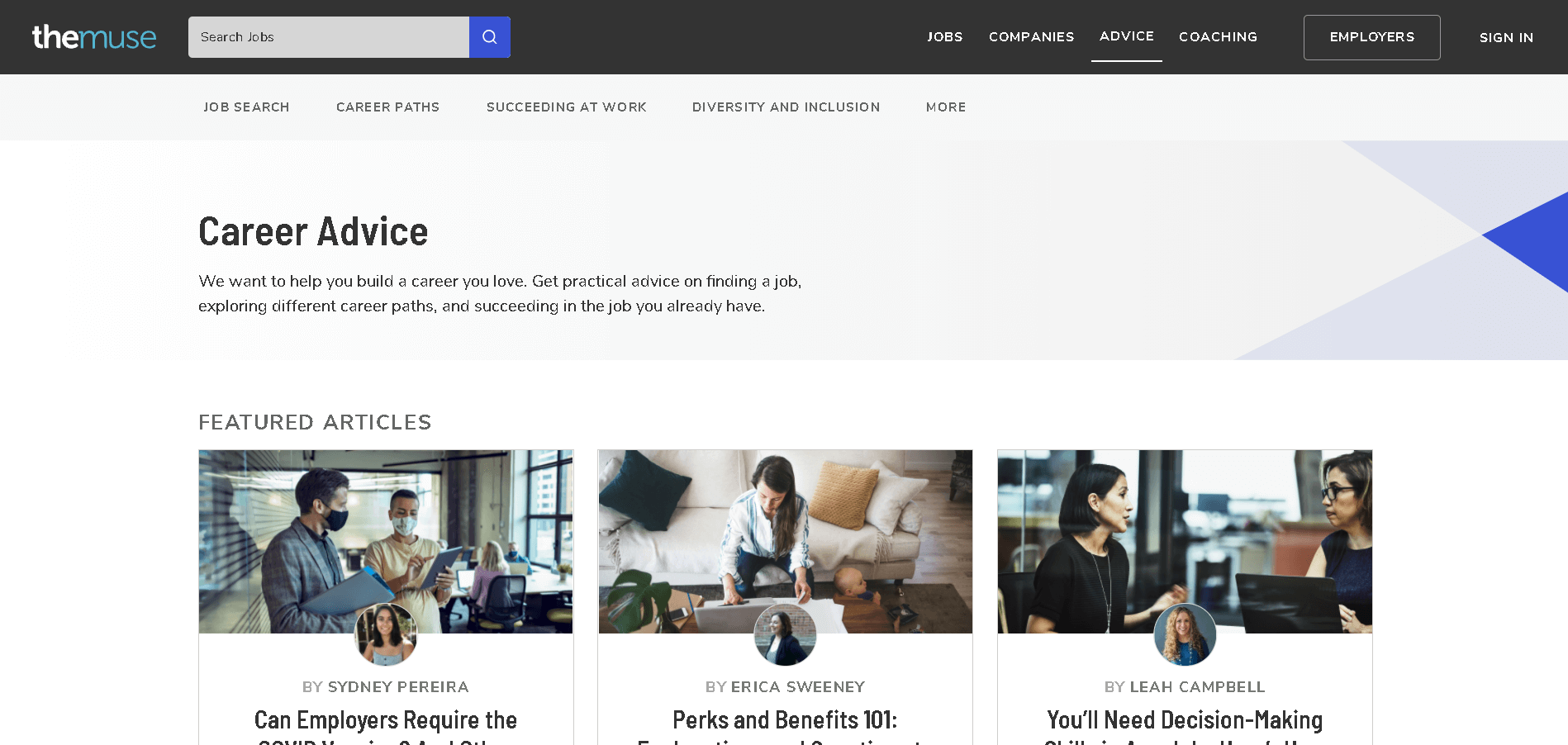 website navigation guide the muse career advice tab example