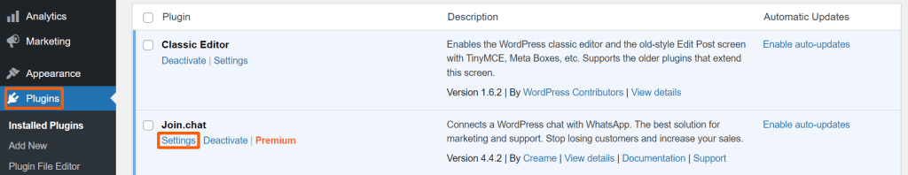 activate joinchat whatsapp plugin