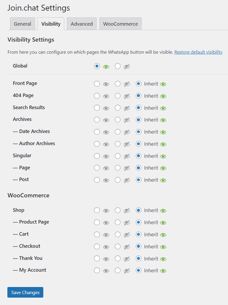 whatsapp for wordpress plugin visibility setting