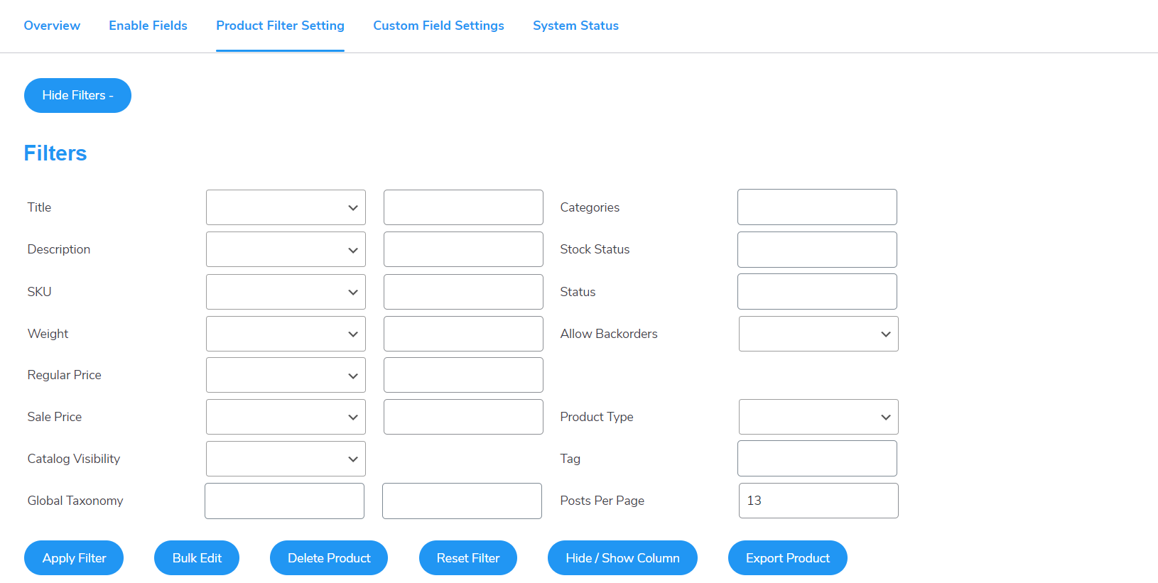 product filter setting tab