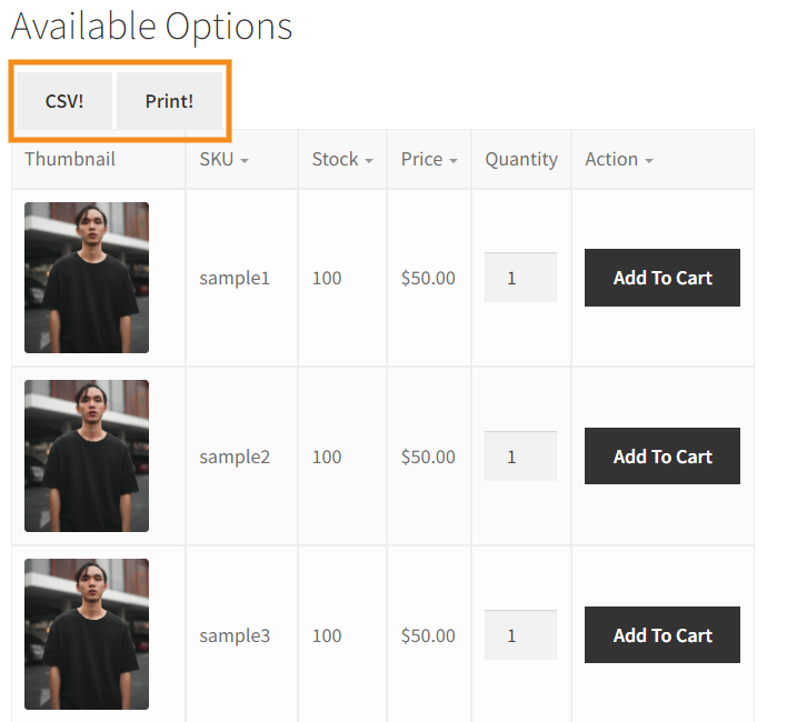 product variation table