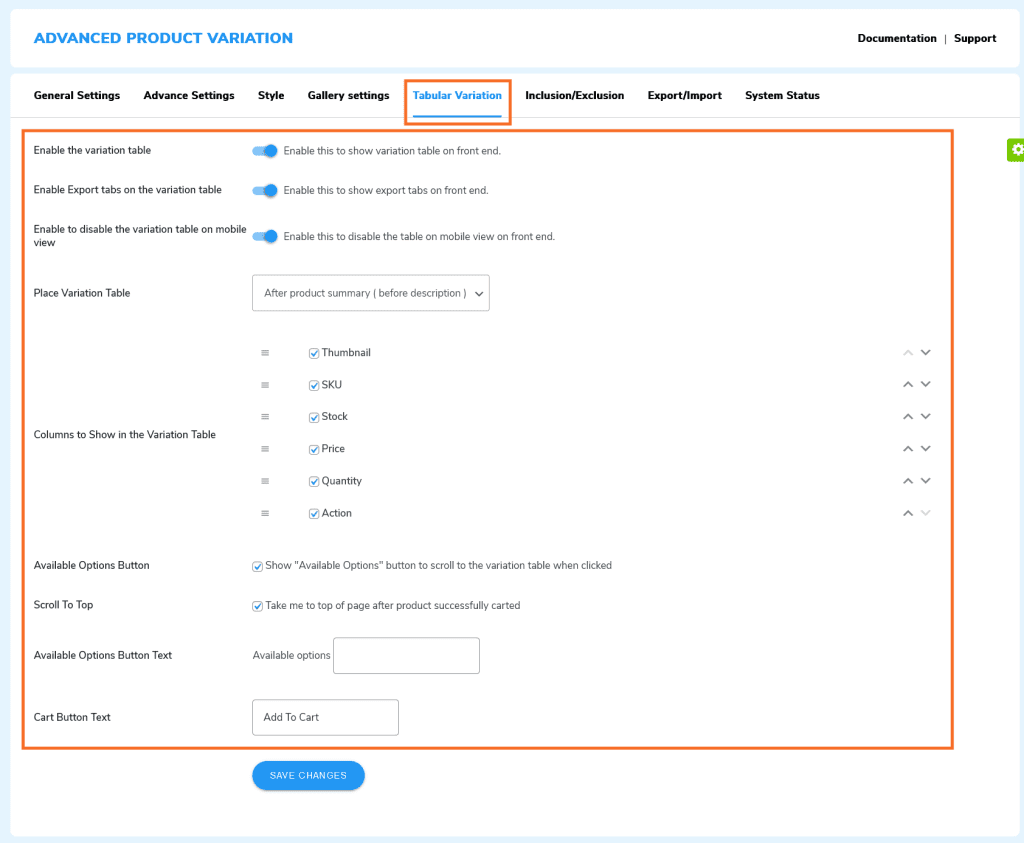 woocommerce variation table settings