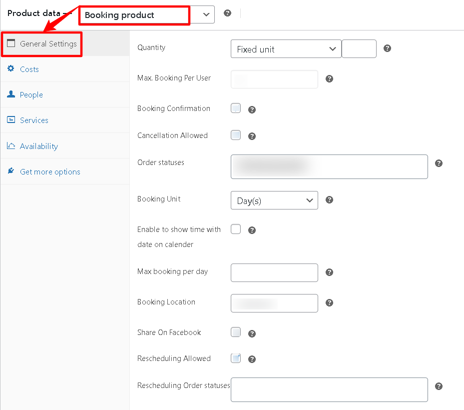 booking product data general settings