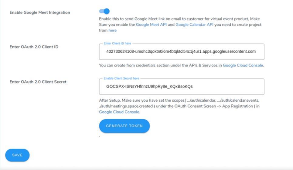 gmeet integration settings