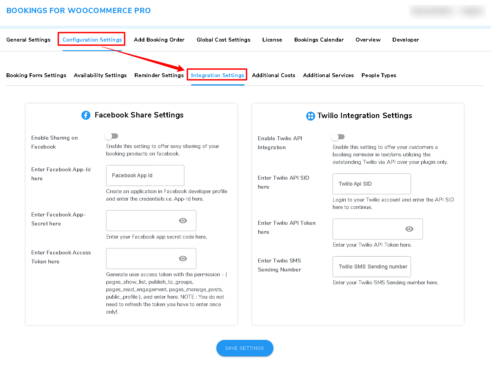 online booking integration settings
