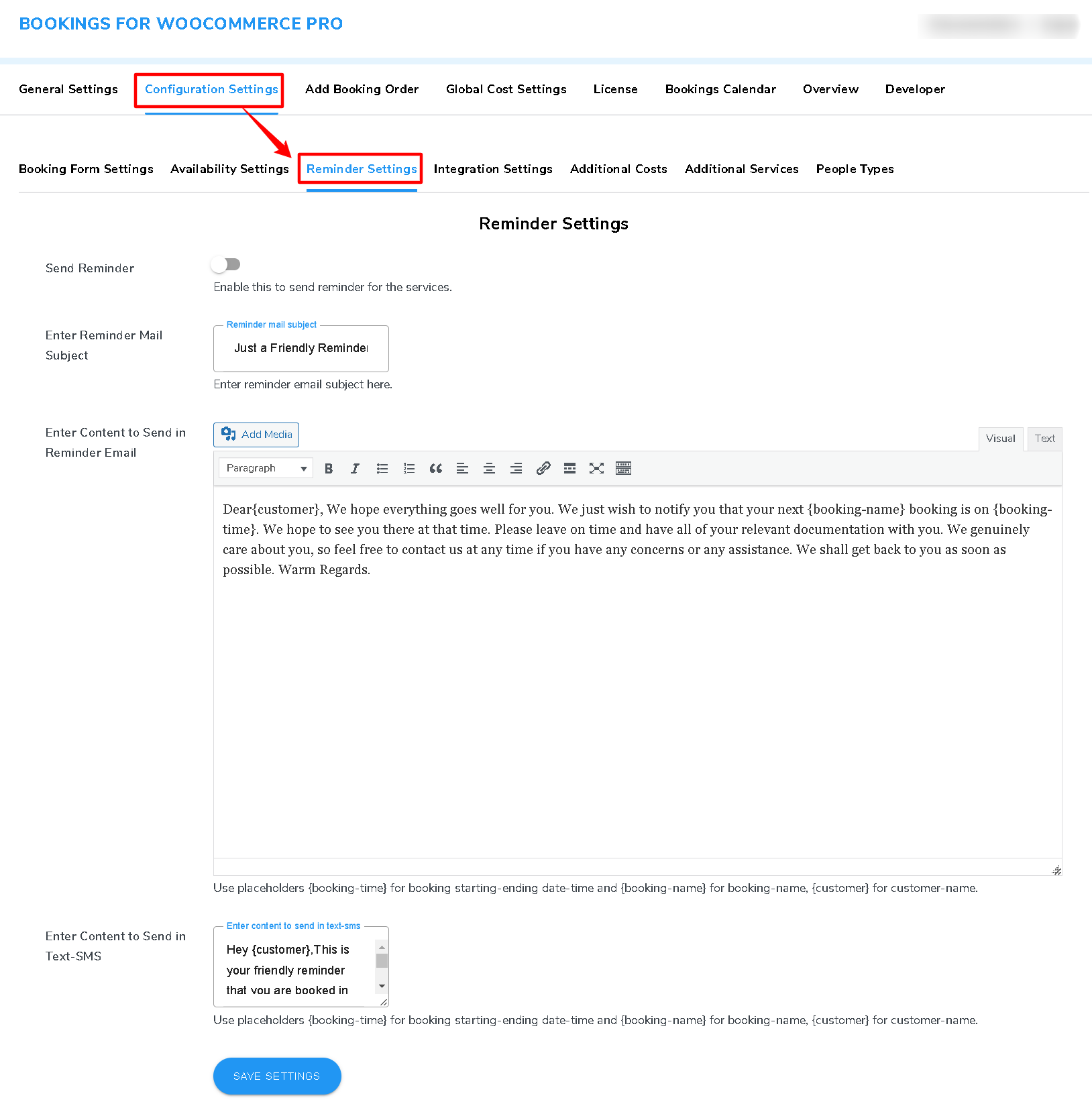 online booking reminder settings