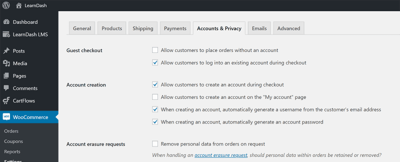 woocommerce account