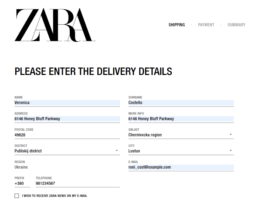 zara checkout page