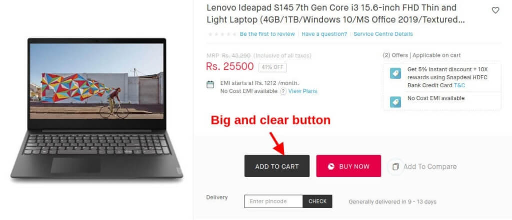 snapdeal add to checkout button example