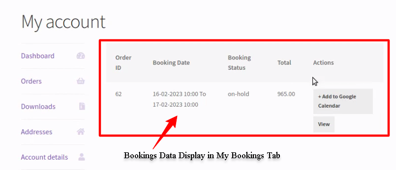 data display in my bookings tab