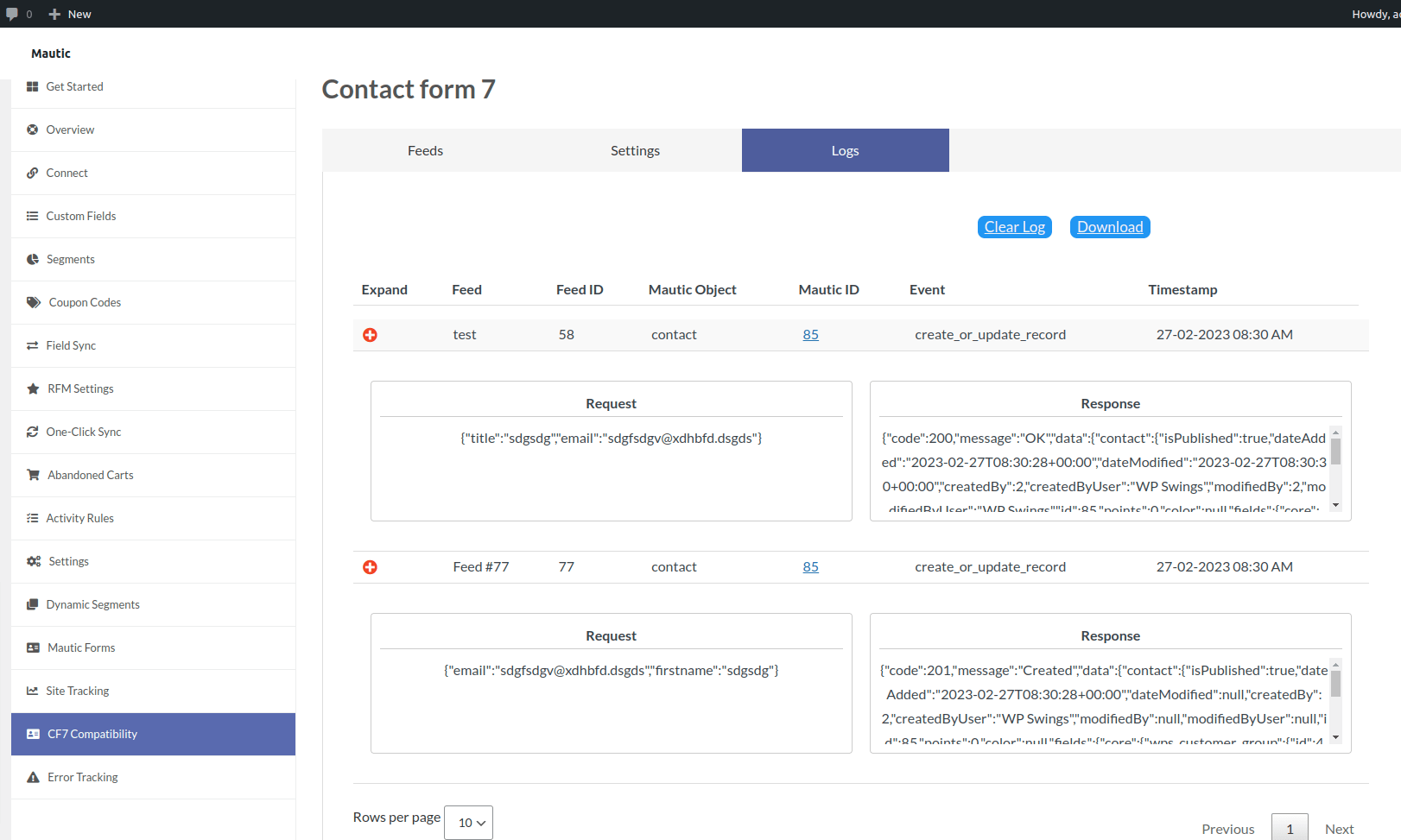 synced mautic integration cf7 logs enteries