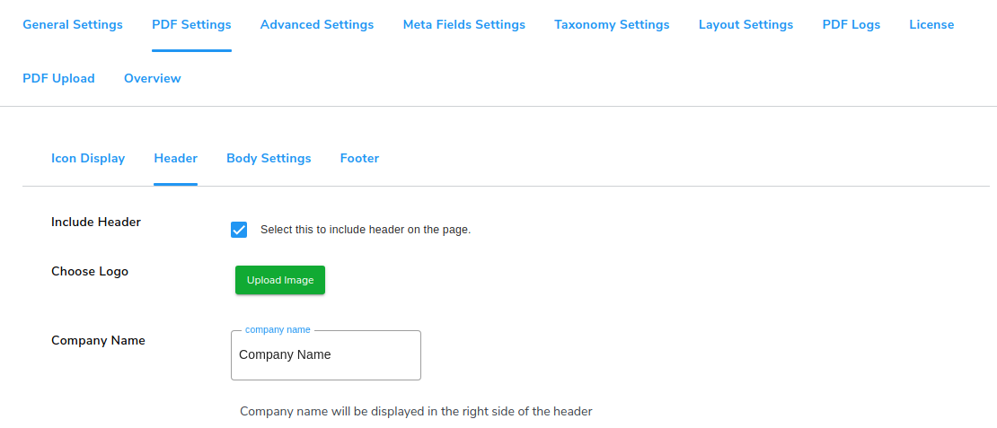 WordPress PDF Generator Header Setting