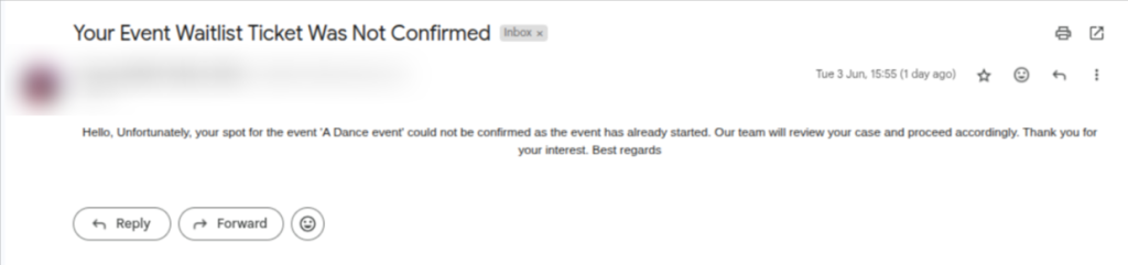 waitlist ticket not confirmed